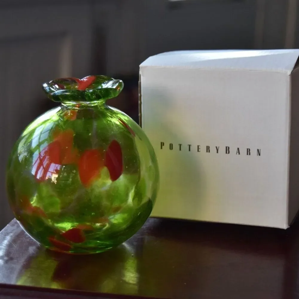 Pottery Barn Hand Blown Art Glass Bud Vase Green Red Polka Dot Ruffled 5”